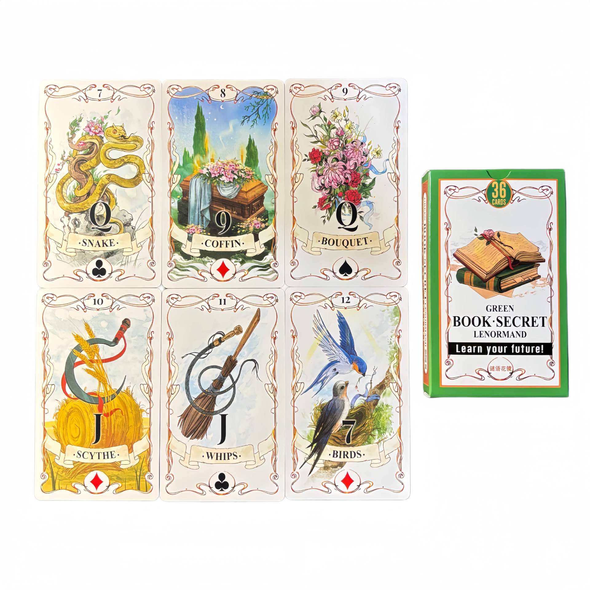 Board Game Yearbook - 36 stuks groene boekjes met Lenormand-orakelkaarten,